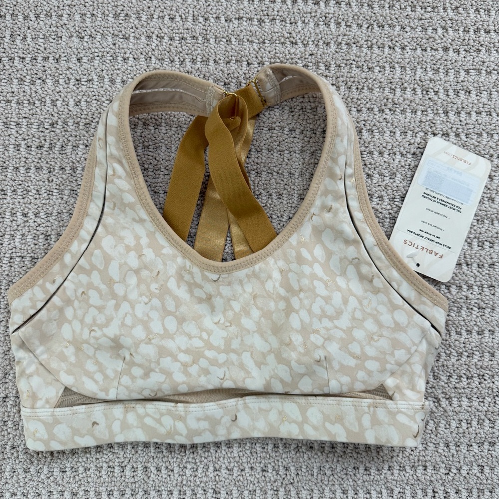 Fabletics Beige and Gold Leopard Patterned Sports Bra